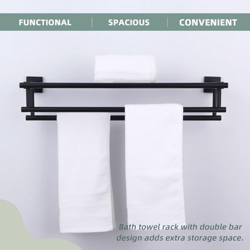 Angle Simple Bathroom Towel Shelf with Double Bar, Matte Black 23.62 Inches | Stainless Steel, 2-in-1 Versatile Bath Towel Holder Rack with Shelf, Ample Storage Space, Screw Mount - color: Matte Black, size: 23.62-Inch