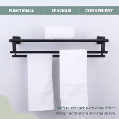 Angle Simple Bathroom Towel Shelf with Double Bar, Matte Black 23.62 Inches | Stainless Steel, 2-in-1 Versatile Bath Towel Holder Rack with Shelf, Ample Storage Space, Screw Mount - color: Matte Black, size: 23.62-Inch
