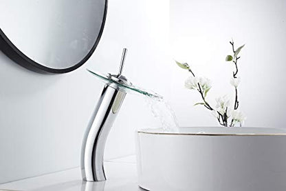 Bathroom Vessel Faucet Waterfall Glass Spout Solid Brass Bath Lavatory Vessel Sink Vanity Faucet Chrome Single Handle One Hole Glass Bowl Sink Tall Body for Above Counter Basin | Bath Lavatory Vessel Sink Vanity Faucet Glass Bowl Sink Tall Body for Above