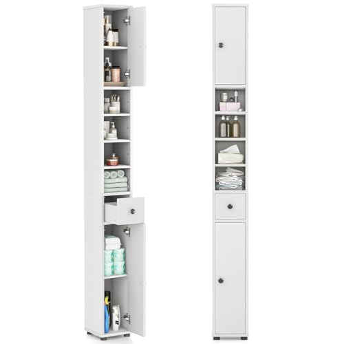 Tall Bathroom Storage Cabinet, 71’’ Slim Linen Tower Organizer with 2 Doors, 5 Adjustable Shelves & 1 Drawer, Narrow Floor Freestanding Bathroom Cabinet for Small Spaces (White)