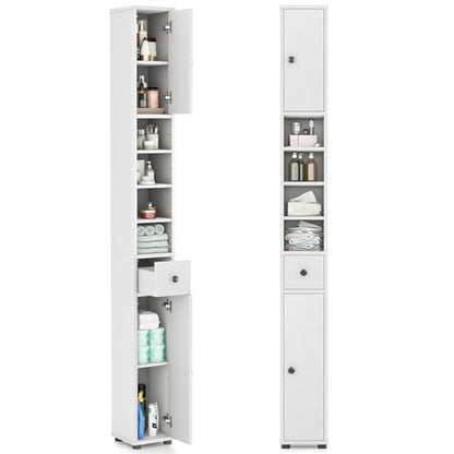 Tall Bathroom Storage Cabinet, 71’’ Slim Linen Tower Organizer with 2 Doors, 5 Adjustable Shelves & 1 Drawer, Narrow Floor Freestanding Bathroom Cabinet for Small Spaces (White)