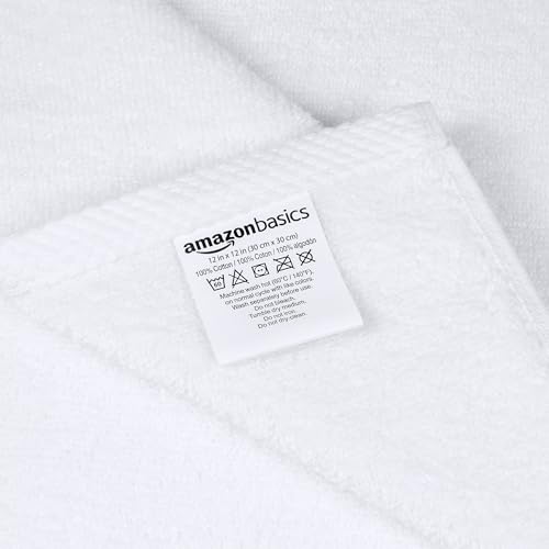 Amazon Basics Cotton Washcloths, Lightweight Quick-Dry, Absorbent Face and Body Towel Set, 12" x 12", White, 12-Pack - color: White, size: 12 Piece, style: Washcloth (Pack of 12)