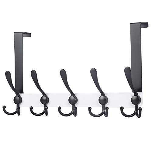 Dseap Over The Door Hook Hanger - Fits 1 3/8" to 1 3/4" Standard Doors | 5 Tri Hooks Heavy Duty Towel/Coat Rack | Door Organizer for Clothes, Jackets, Hats, Towels, White & Black - color: White & Black