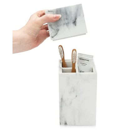 Toothbrush Holder with Lid, Elegant White Marble Bathroom Toothbrush & Toothpaste Organizer – Blanc Collection - color: White Marble