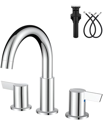 Polish Chrome Bathroom Faucet 3 Hole, 8 Inch Widespread 2-Handle | SUS304 Stainless Steel, 2-Handle Control, Pop-Up Drain, Supply Lines and Mounting Hardware for 8-Inch Widespread Vanity Sinks - color: Polish Chrome