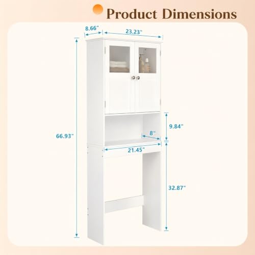 Bonnlo Over the Toilet Storage Cabinet with Adjustable Shelf White Bathroom Floor Organizer Space Saver with Double Doors, 67" Height