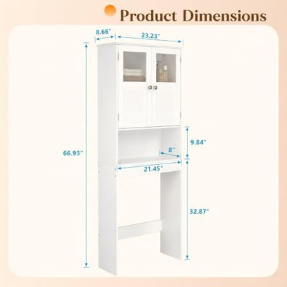 Bonnlo Over the Toilet Storage Cabinet with Adjustable Shelf White Bathroom Floor Organizer Space Saver with Double Doors, 67" Height