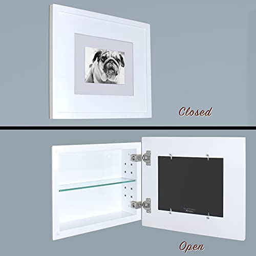 14x11 Concealed Picture Frame Medicine Cabinet Without Mirror for Bathroom, Recessed in The Wall, Made in North America, Real Wood, NO MDF, Adjustable Shelves, Hidden, White - color: White Contemporary, size: 14x11x3.75