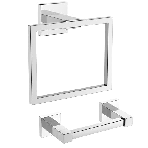 FORIOUS Toilet Paper Holder and Towel Ring Set, Bathroom Accessories Set | Chrome | Double Post Pivoting Toilet Paper Holder Wall Mounted and Hand Towel Ring | SUS304 Stainless Steel | Square - color: Chrome, size: Square