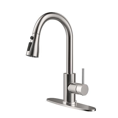 Kitchen Faucet with Pull-Down Spray Single Handle high arc Commercial Stainless Steel Brushed Nickel Kitchen Sink Faucet with Deck Suitable for bar Laundry RV Farmhouse (Brushed Nickel) - color: Brushed Nickel, style: Standard