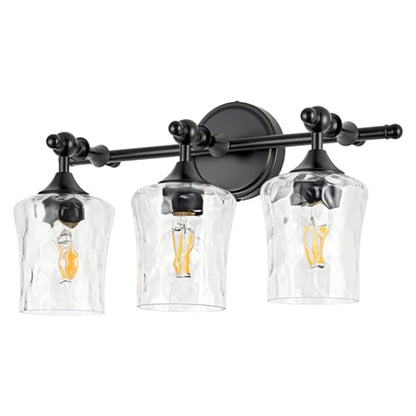 3-Light Bathroom Vanity Light Fixture Over Mirror, Matte Black | Clear Hammered Glass Shades, Beaded Crossbar Frame, Rippled Glow, Wall Mount Up or Down, E26 Socket, Hardwired, 120V - color: Matte Black