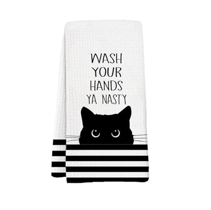 Black Cat Bathroom Washroom Hand Towels, Wash Your Hands Ya Nasty Funny Sign for Bathrooms,Cats Gifts for Women, Cute Cats Animals White Waffle Weave Microfiber Dish Towels, 16x24 Inch - color: Wash Your Hands Ya Nasty