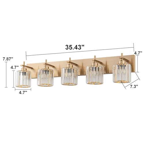 Modern Crystal Bathroom Vanity Lights, Gold 5-Lights Bathroom Light Fixtures Over Mirror, Crystal Wall Lighting with Polished Brass Finish - color: Gold-Round Shade, size: 5-Light