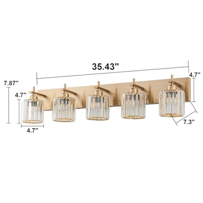 Modern Crystal Bathroom Vanity Lights, Gold 5-Lights Bathroom Light Fixtures Over Mirror, Crystal Wall Lighting with Polished Brass Finish - color: Gold-Round Shade, size: 5-Light