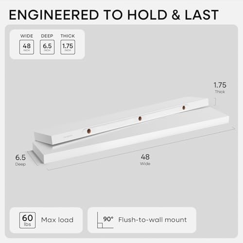 White Floating Shelf 48 inches, High End Solid Real Wood 48inch Long Floating Shelves for Wall Mounted, White Wooden 48in Floating Shelves, Heavy Duty Bracket, 48 X 6.5 X 1.75 inch, Set of 2 - color: Classic White - Soft Neutral Satin, size: 48 inch