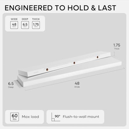 White Floating Shelf 48 inches, High End Solid Real Wood 48inch Long Floating Shelves for Wall Mounted, White Wooden 48in Floating Shelves, Heavy Duty Bracket, 48 X 6.5 X 1.75 inch, Set of 2 - color: Classic White - Soft Neutral Satin, size: 48 inch