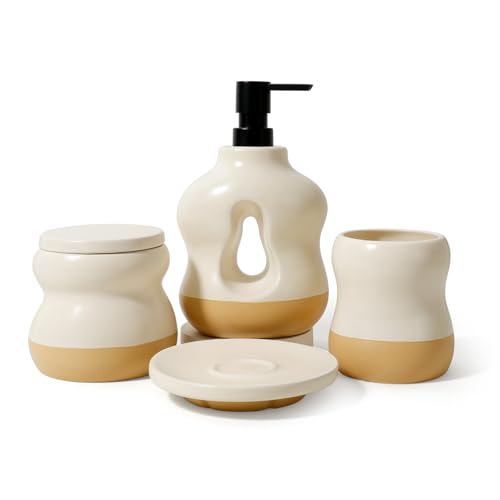 BosilunLife Ceramic Bathroom Accessories Set of 4, Wavy Hollow Soap Dispenser & Vanity Essentials, Two-Tone Beige with Textured Sand Base, Boho Wabi-Sabi Decor - color: Beige With Sand Base--four-piece Set