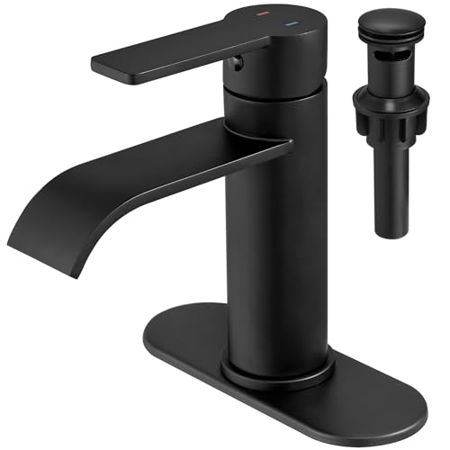 VOTON Bathroom Faucets Matte Black 1 Hole Waterfall with Drain & Deck Plate | Waterfall Spout | Matte Black | Lead-Free SUS 304 | Pop-Up Drain | 1/3 Hole Install | 6 in Deck Plate - color: Black