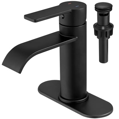 VOTON Bathroom Faucets Matte Black 1 Hole Waterfall with Drain & Deck Plate | Waterfall Spout | Matte Black | Lead-Free SUS 304 | Pop-Up Drain | 1/3 Hole Install | 6 in Deck Plate - color: Black