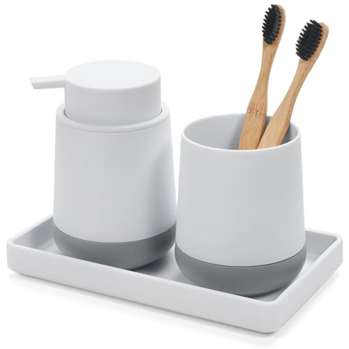 GAHEFY White Bathroom Countertop Accessories Set - Soap Dispenser and Toothbrush Holder with Silicone Boot,Vanity Tray (White Liquid) - color: White Liquid