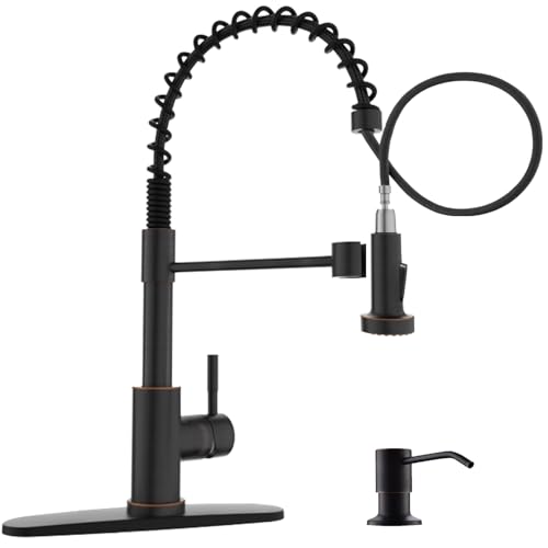APPASO Spring Style Kitchen Faucet with Soap Dispenser Oil Rubbed Bronze | NSF/ANSI/CAN 372 & Lead-free, Single Handle Commercial Faucet with Pull Down Sprayer for Kitchen Laundry RV - color: Rubber Bronze
