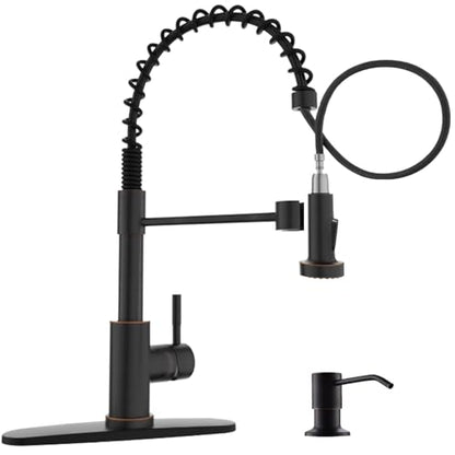 APPASO Spring Style Kitchen Faucet with Soap Dispenser Oil Rubbed Bronze | NSF/ANSI/CAN 372 & Lead-free, Single Handle Commercial Faucet with Pull Down Sprayer for Kitchen Laundry RV - color: Rubber Bronze
