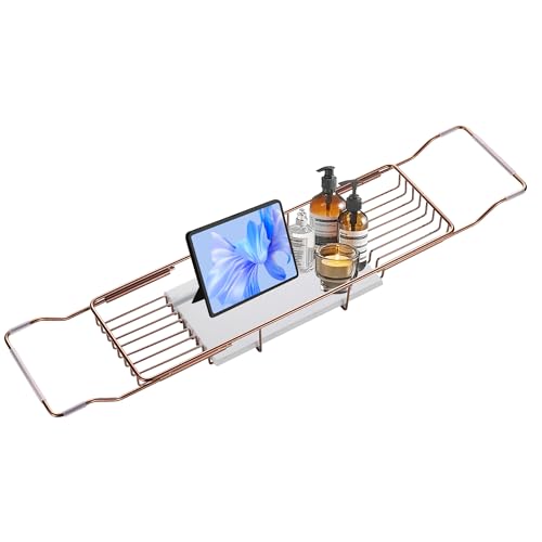 Bathtub Tray Stainless Steel with Marble Base Rose Gold Bathtub Tray with White Marble Base Adjustable & Rustproof Bath Caddy for Spa, Relaxation, Bath Bombs - color: Rose Gold
