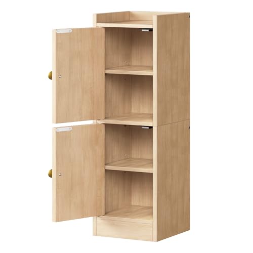 HOOBRO Slim Bathroom Cabinet for Small Spaces, Narrow Toilet Paper Cabinet with Doors, 9.8”W Space Saving Floor Cabinet with Adjustable Shelves, Farmhouse Wooden Organizer, Natural
