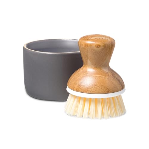 Full Circle Bubble Up Ceramic Soap Gray Ergonomic Bamboo Handle, Dish Brush + Dispenser, Grey/White