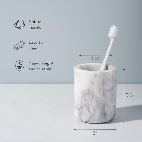 Cork & Mill Marble Toothbrush Holder Cup for Bathroom Countertop | Real White Stone, Decorative Organizer for Tooth Brush and Toothpaste, Aesthetic Vanity Accessory