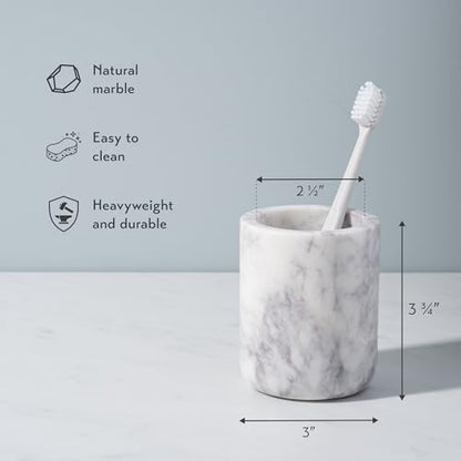 Cork & Mill Marble Toothbrush Holder Cup for Bathroom Countertop | Real White Stone, Decorative Organizer for Tooth Brush and Toothpaste, Aesthetic Vanity Accessory