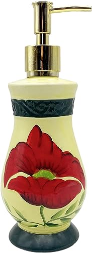 ACK Tuscany Floral Poppy Hand Painted Ceramic Collection Refillable Soap Dispenser, Lotion Jar, Kitchen Décor, Bathroom Décor - color: Floral Poppy