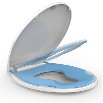 17" Round Toddler Toilet Seat, Built-In Potty Training Seat with Soft Quiet Close Non-Slip Design, Magnetic Kids Seat and Cover for Family Bathrooms, Durable and Easy to Clean,Blue - color: Blue, with Toddler Seat, size: Round (17″)