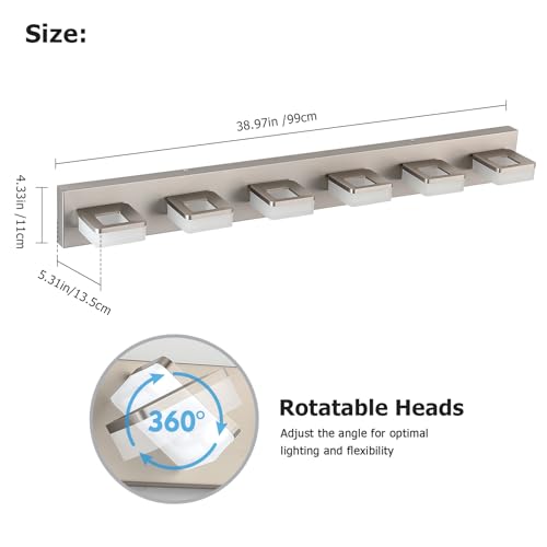 Brushed Nickel Vanity Lights for Bathroom 6-Light Vanity Lighting Fixtures for Mirror 39" Adjustable 5500K Modern LED Vanity Light Over Mirror, Bath Wall Lighting Fixtures - size: 6-Light,39Inch