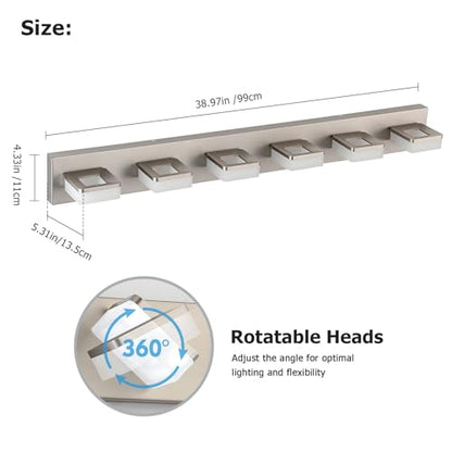 Brushed Nickel Vanity Lights for Bathroom 6-Light Vanity Lighting Fixtures for Mirror 39" Adjustable 5500K Modern LED Vanity Light Over Mirror, Bath Wall Lighting Fixtures - size: 6-Light,39Inch