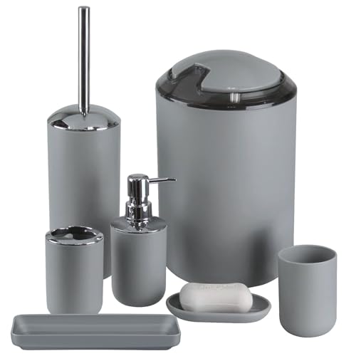 IMAVO Bathroom Accessories Set,Grey Bathroom Set,7 Pieces Bathroom Accessory Set,Tray,Toilet Brush,Trash Can for Bathroom Décor and Housewarming Gifts - color: Grey, size: 7 Pcs Bathroom Set