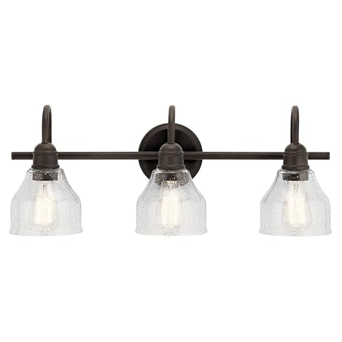Kichler Avery 24" 3 Light Bathroom Vanity Light in Olde Bronze, Vintage Bathroom Wall Mount Fixture with Clear Seeded Glass, (24" W x 9.25" H), 45973OZ - color: Old Bronze, size: 3-Light