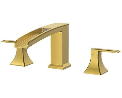 FORIOUS Roman Bathtub Faucet 3 Hole Deck Mount with 2 Handle Brushed Gold | Tub Faucet for 3-Hole Set, 6-12" Centered Distance, Widespread Garden Bath Tub, Waterfall Spout, High Flow, Brass - color: Brushed Gold