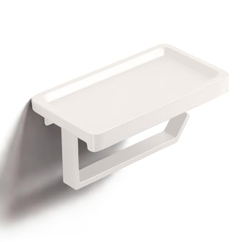 Cream White Toilet Paper Holder with Shelf | Self Adhesive Toilet Tissue Roll Holder Wall Mount for Bathroom, Washroom, Kitchen, RV with Cell Phone Storage