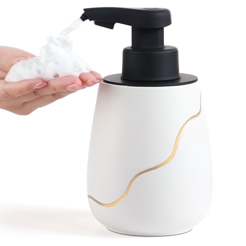 BosilunLife Rechargeable Auto Touchless Foam Soap Dispenser 17oz Ceramic | With Elegant Golden Curved Line.With Waterproof Pump,Touch-Free Sensing.17oz Dish Soap For Kitchen And Bathroom，White - color: White, style: Foam Pump