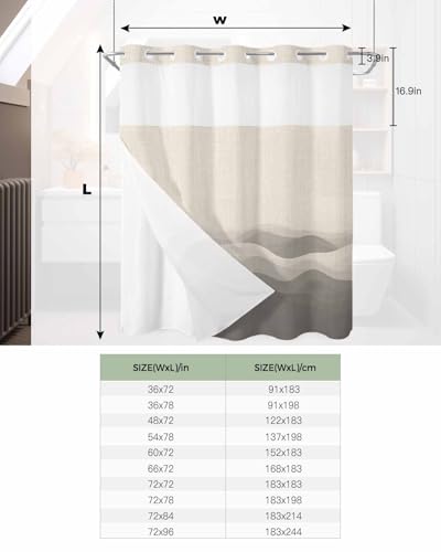 No Hook Shower Curtain and Snap in Liner Set, Grey Beige Ombre Fabric Bathroom Shower Curtains 72x78 Inch, See Through Mesh Top Window, Minimalist Ocean Waves Linen Hotel Style, Washable Waterproof - size: 72"W x 78"L (Pack of 1)