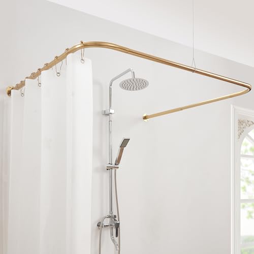 U Shaped Shower Curtain Rod, [Both Sides: 24"-52", Middle: 31"-47"] Adjustable U Shape Outdoor Corner Curtain Pole for Bathroom Bathtub with 12 Hooks & Ceiling Support - Gold - color: Gold