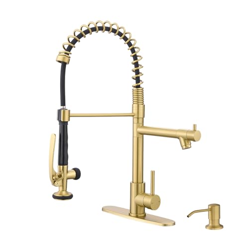 Fapully Commercial Kitchen Sink Faucet with Pull Down Sprayer Brushed Gold | Single Handle Faucets for Kitchen Sink, Kitchen Faucet with Soap Dispenser and Deck Plack for 4 Holes, 1.8GPM Water Flow - color: Brushed Gold, style: Contemporary