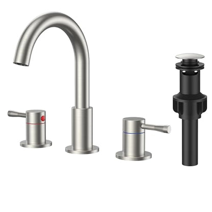 FORIOUS Bathroom Faucet 3 Hole, 360° Swivel 8" Sink Faucet Brushed Nickel | with Pop Up Drain, 2 Handles,for Sink Vanity RV Lavatory Farmhouse, 304 Stainless Steel, Lead-free, Leakproof - color: Stainless Steel