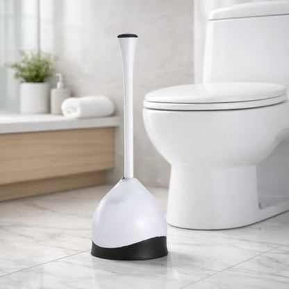 Hideaway Toilet Plunger with Caddy, White, 19.5 Inch Bathroom Plunger Set, Compact Storage Canister, Drip Tray Base, Easy Grip Handle