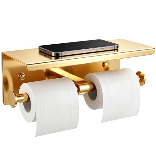 Double Toilet Paper Holder with Shelf, Wall Mount Tissue Roll Holder for Bathroom, 304 Stainless Steel Commercial Toilet Tissue Dispensers with Phone Shelf (Gold) - color: Gold