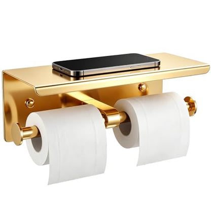 Double Toilet Paper Holder with Shelf, Wall Mount Tissue Roll Holder for Bathroom, 304 Stainless Steel Commercial Toilet Tissue Dispensers with Phone Shelf (Gold) - color: Gold