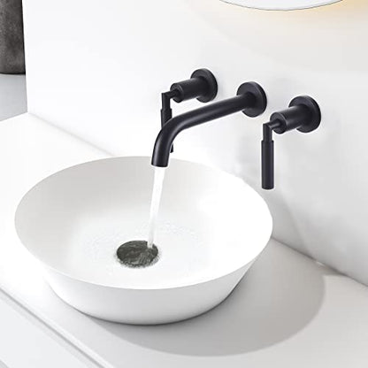 RBROHANT Black Wall Mount Faucet with Pop up Drain Set for Sink Without Overflow, Matte Black Dual Handle Wall Mounted Bathroom Sink Faucet, Brass Rough-in Valve Included, RB0735D - color: Matte Black, style: Lever Handle Faucet with Drain