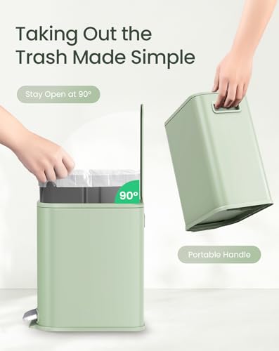 Cesun Small Bathroom Trash Can with Lid Soft Close & Pedal, 1.3 Gal, Green | Removable Inner Bucket, Slim Stainless Steel Garbage Can for Bedroom/Office, Included 5 Trash Bags, Hidden Bag, Built to Last - color: Green