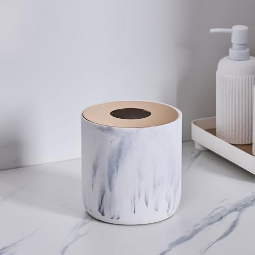 White Marble Textural Mini Trash Can with Rose Gold Stainless Steel Lid, Small Countertop Trash Can for Bathroom Kitchen,Desk Trash Can,Table top Mini Garbage Cans,Resin Tiny Waste Basket for Vanity - color: Marble White